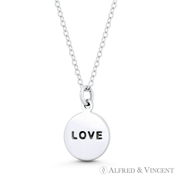 "LOVE" Script Engraving Circle Flat Disc Pendant & Chain Necklace in .925 Sterling Silver