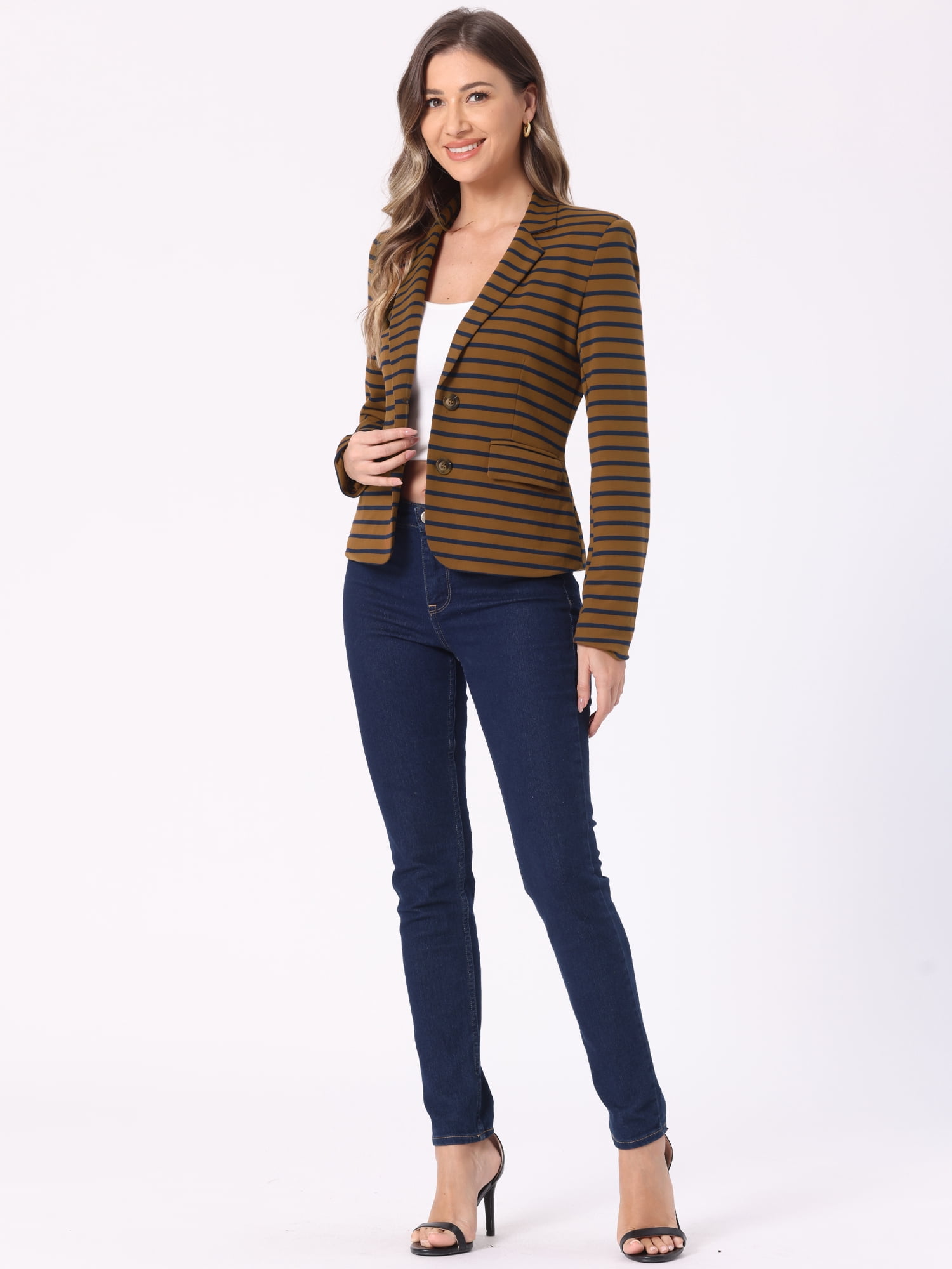 DARING DIVA Women's Striped Notched Lapel Button Closure Blazer M Navy Brown