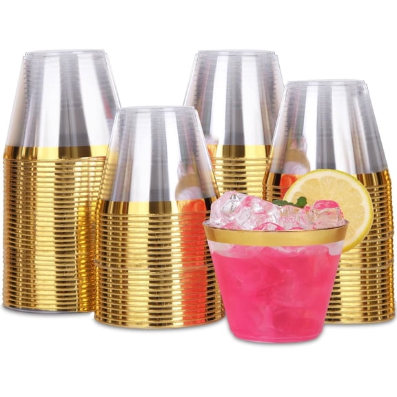 100 Pack Gold Rimmed Plastic Cups - 9 oz Hard Clear Plastic Cups, Premium Disposable Cup For Cocktail And Drinking - Food Grade Party Cups Set - Sturdy Tumbler Cup - Gold Rim