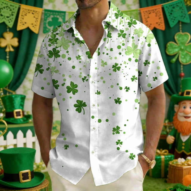 Ceisia Men's St. Patrick's Day Clover Print Short Sleeve Button-Down Shirt Collection | Mixed Green Clover & Paint Splatter Button-Up Shirt Gifts