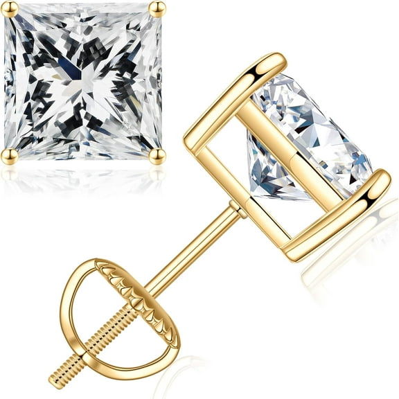Divine_Creation 1.40 Ctw Princess Cut Diamond Screw Back Unisex Stud Earrings 14k Yellow Gold Finish 925 Sterling Silver[k739]
