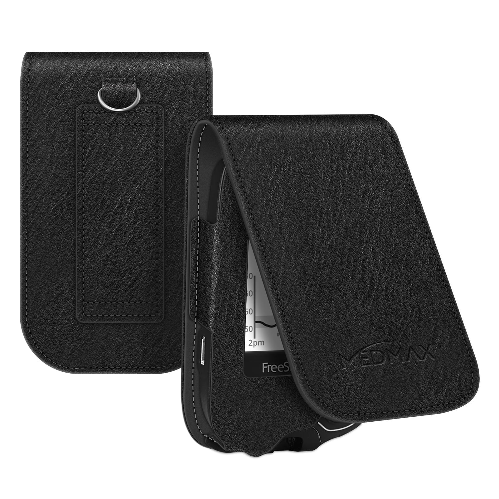 MEDMAX PU Leather Protective Case for Freestyle Libre 3 2 / Libre Reader, Lightweight Shockproof Diabetic Storage Carrying Case with Carabiner Clip and Handle, Black
