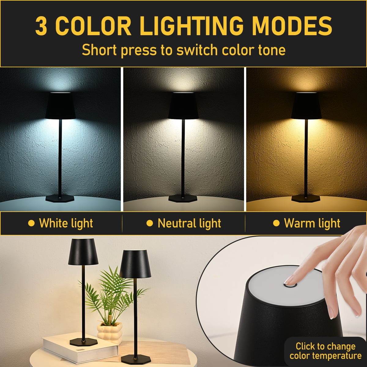 2 Pack Rechargeable Table Lamp - Cordless LED Lamp with 6000mAh Battery Operated LED Desk Lamp, Portable Table Light Outdoor for Dinner Patio Restaurant Bar Bedroom Coffee Shop Night Light(Black)