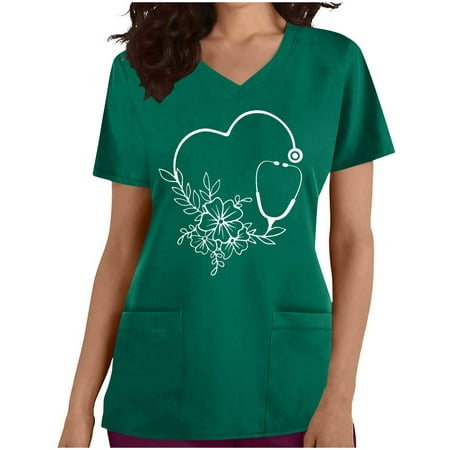 

JGGSPWM Valentines Scrub Tops Womens Short Sleeve V Neck Love Heart Scrub Shirts Floral Heart Print Nurse Uniforms Workwear with Pockets Green XL