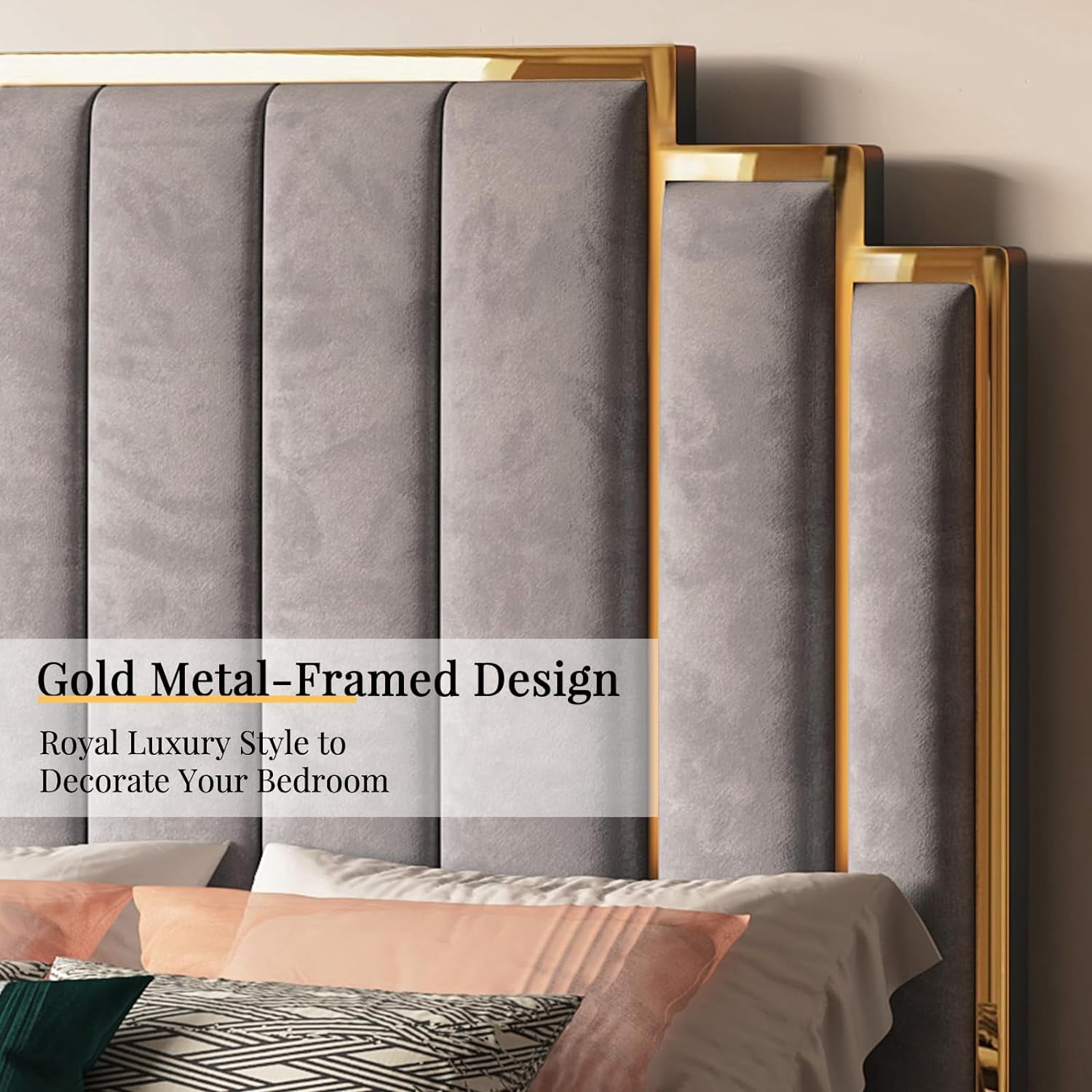 VanAcc Queen Size Platform Bed Frame, 61.4" Velvet Upholstered Bed: with Gold Trim Headboard/Wooden Slats/No Box Spring Needed/Grey