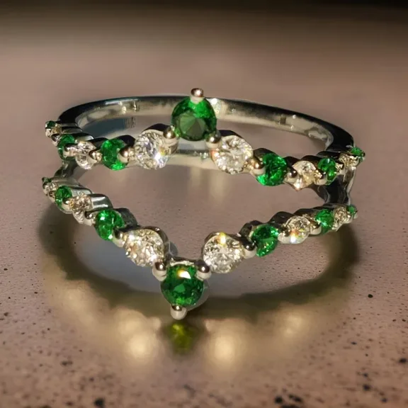 Emerald Diamond Band Ring Lab-Created Emerald Diamond Engagement Anniversary Wedding Wrap Guard Enhancer Band Ring 14K White Gold Finish