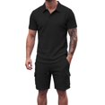 thumbnail image 3 of Zenithor Men's 2 Piece Rib Collar Shirts and Cargo Shorts Set Textured Short Sleeve Top Match Set Summer Beach Outfits S-3XL, 3 of 6