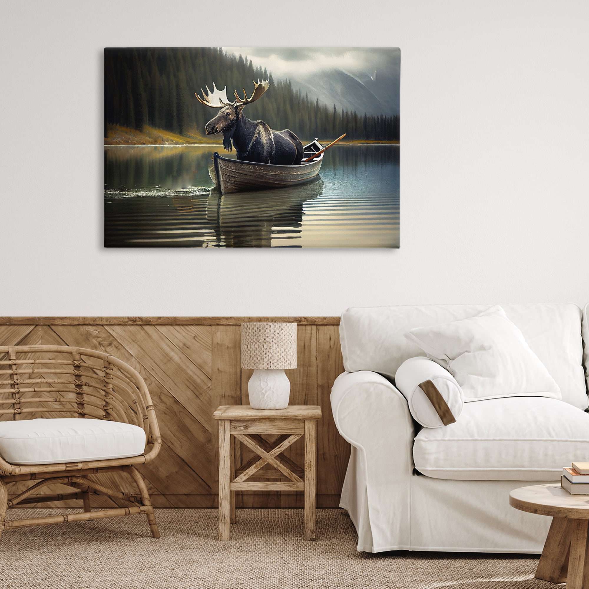 Moose in Canoe Tranquility Canvas Wall Art, design by Sasha