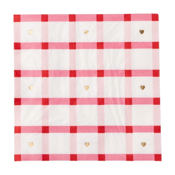Bonjour Fête Heart Red Gingham Large Paper Napkins, Disposable Party Supplies, 20 Count, Lunch Size, Valentines