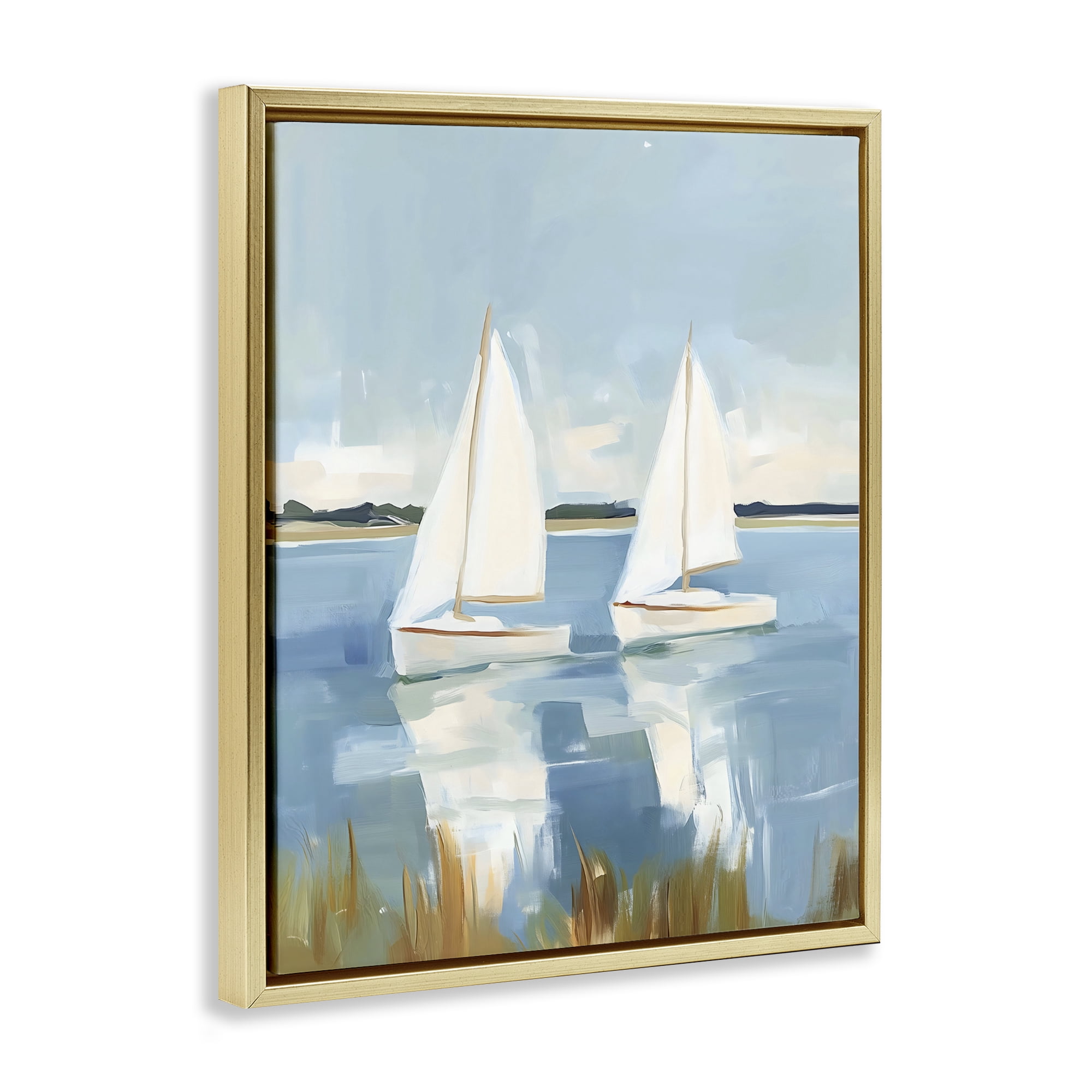 Stupell Industries Twin Sailboats By Shore Gold Framed Floater Canvas Wall Art, design by The Prints Vibe