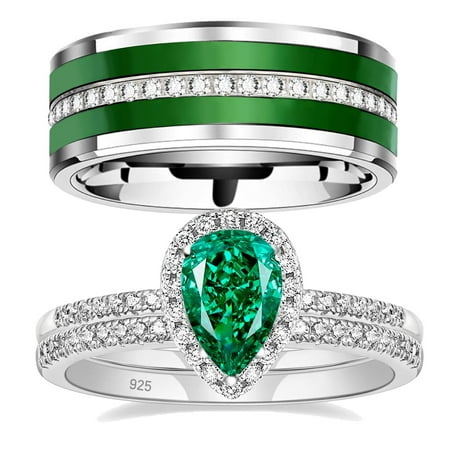 Couple Rings White Gold Plated 925 Sterling Silver Ring 2CT AAAAA Green CZ Women Wedding Ring Sets Men Titanium Steel Ring