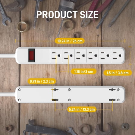 JUNCHI-2-Pack Wall-Mountable Power Strip with 6 Outlets, Overload Protection Switch, 14 Gauge 1.5FT Cord, ETL Listed, Slim Design for Narrow Spaces, 15A/125V/1875W, Ideal for Home, Office, Kitchen, T