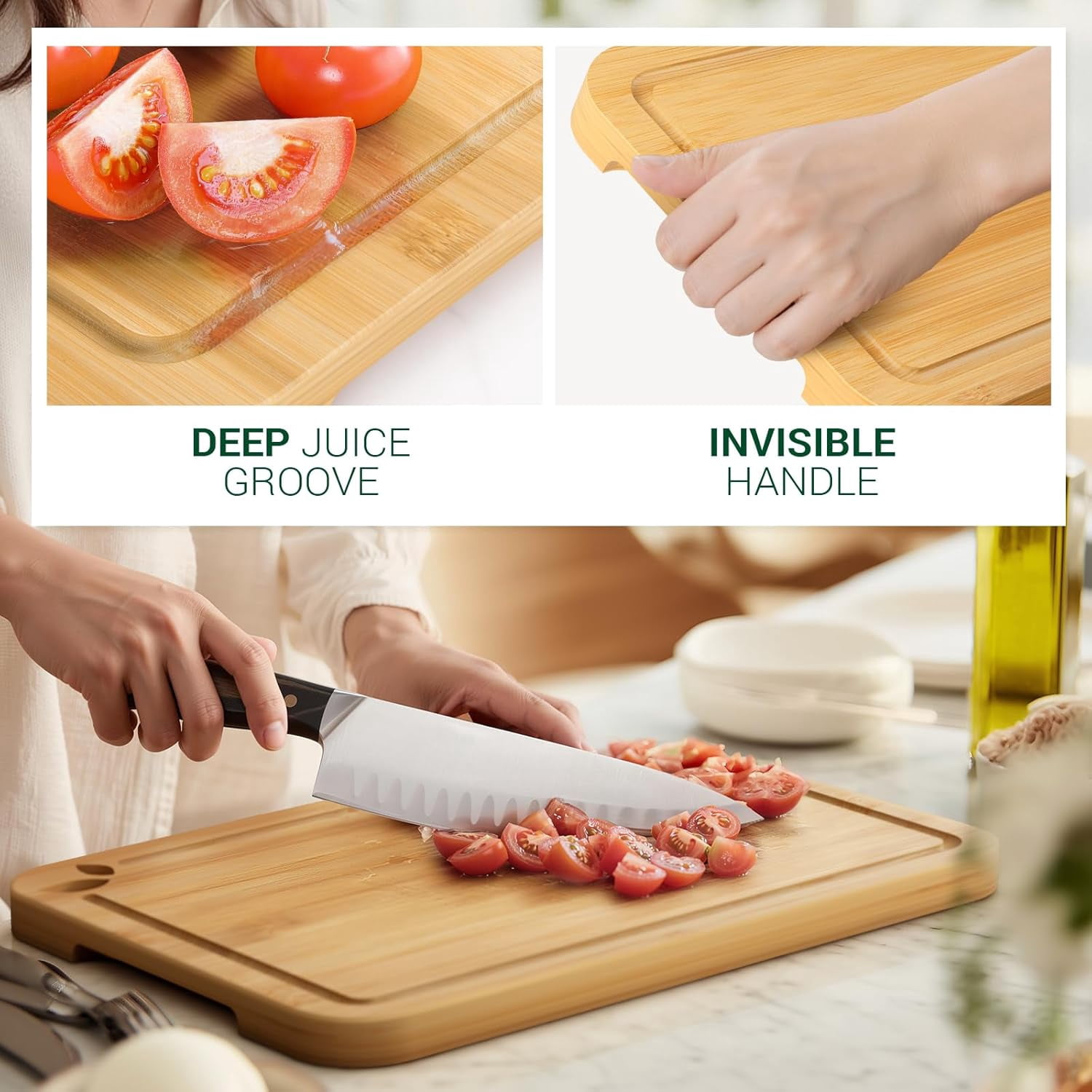 Bamboo for Kitchen with Holder & Silicone Mat, Lightweight & Knife-Friendly Wood Cutting Board Set with Side Handles and Juice Grooves, Natural