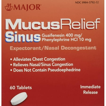 Major Mucus Relief Sinus Expectorant/Nasal Decongestant Tablets, 10mg/400mg, 30 Count