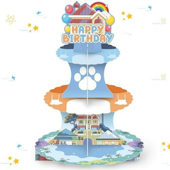 Cartoon Dog 3-Tier Cardboard Cupcake Stand for Cupcakes Dessert Tower Dog House Birthday Party Supplies for Blue Dog Theme Baby Shower Birthday Party Decorations