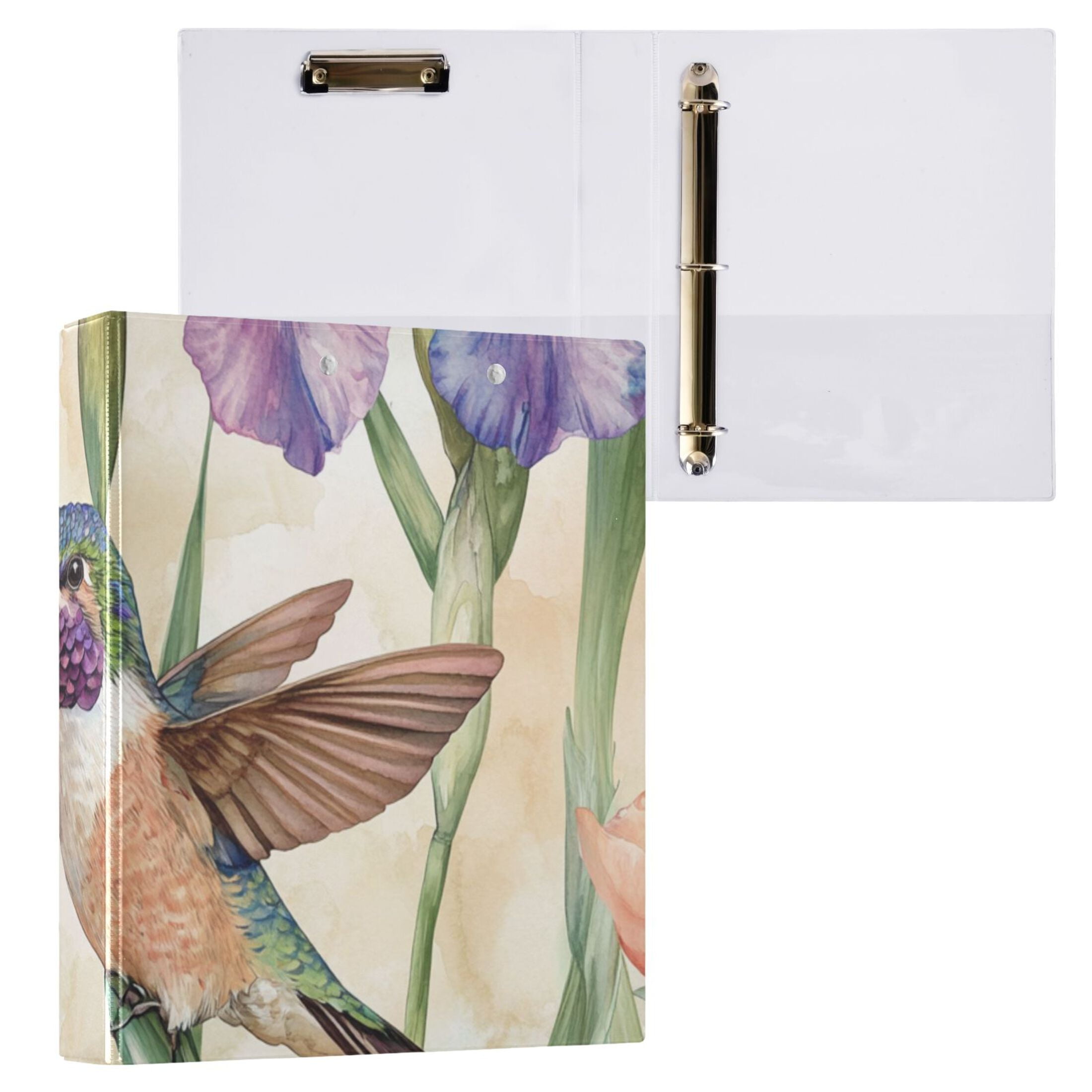 Hummingbirds Irises 3 Ring Binders 1.5 inch Hardcover File Folders with Interior Pockets A4 Size Organizer for School Office Hospital
