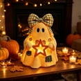 thumbnail image 5 of Voglyf Light Up Bow Ghost Figurine, 5.9" Wooden-Look Halloween Skeleton Decoration with Warm LED Lantern, Cute Spooky Collectible Statue for Indoor Tabletop, Mantel, Desk and Party Decor, 5 of 7