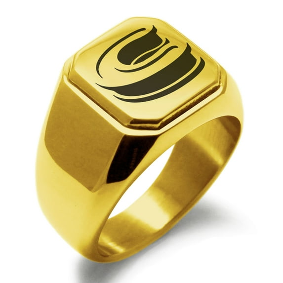 Stainless Steel Letter C Initial 3D Monogram Engraved Engraved Square Flat Top Biker Style Polished Signet Ring