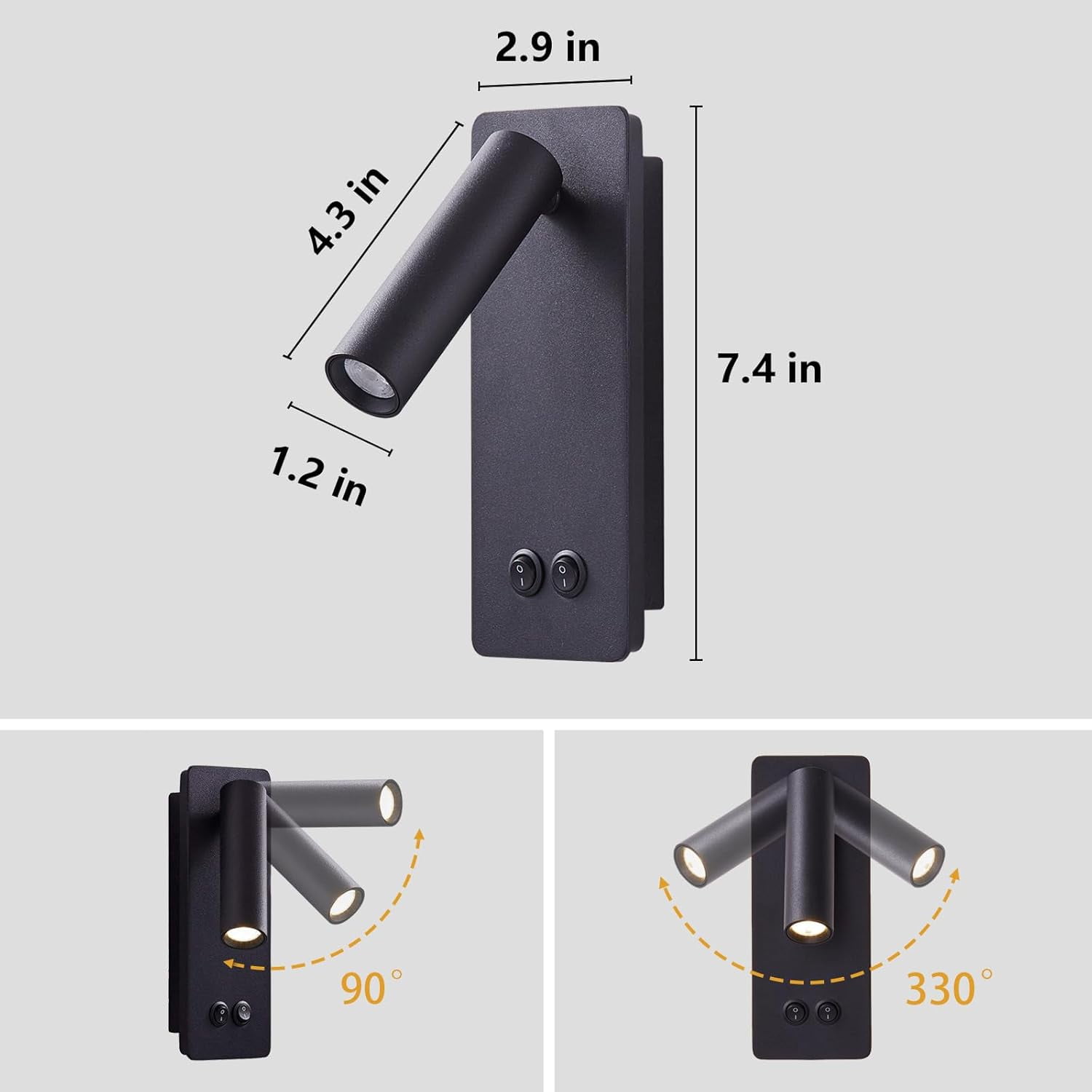 Plug-in Wall Sconce Reading Lamp with 3-Level Dimming, 350 °   Rotation for Bedside Bed Headboard in Bedroom Living Room (Black)