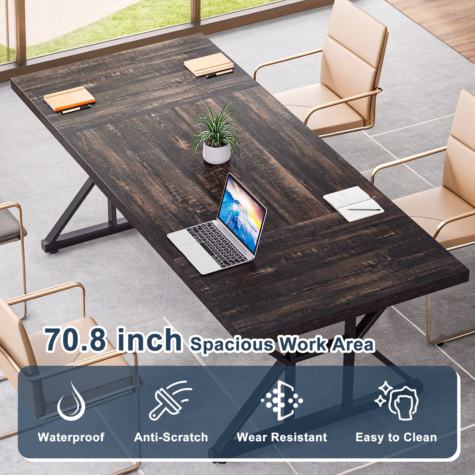 Demi Bonn 71" Farmhouse Dining Table, Wood Rustic Kitchen Table for 6 People, Large Rectangular Dinner Table for Dining Room, Home Office, Living Room Furniture, Black