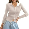 thumbnail image 1 of Women's Double Zip Ribbed Knit Cardigan Tight Fitting Crop Top With Collar, 1 of 4