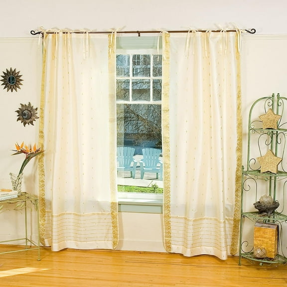 Tie Top Sheer Sari Curtains 80" W X 63" L matching tiebacks- Handcrafted Cream Indian Drapes Unlined for light & airy ambience Perfect for Living/Bedroom/Dining Room Sold in Pairs