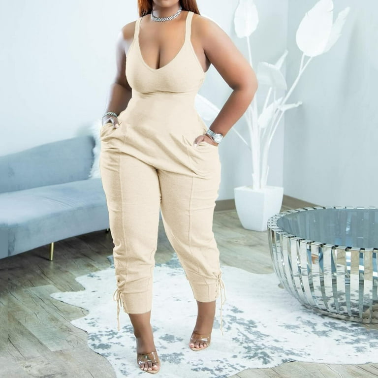 JNGSA Plus Size Jumpsuit Summer Solid Color Casual Camis Sleeveless Overalls Work Out Rompers with Beige - Walmart.com