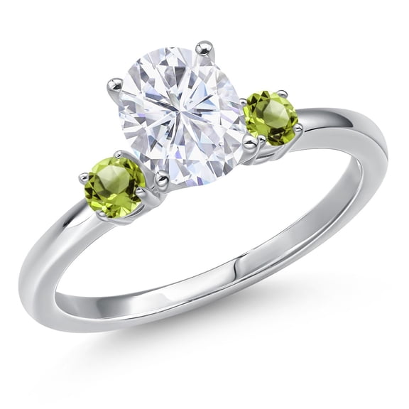 Gem Stone King 14K White Gold White Moissanite and Green Peridot Engagement Ring for Women | 1.74 Cttw | Oval 8X6MM | Gemstone Birthstone | Size 5