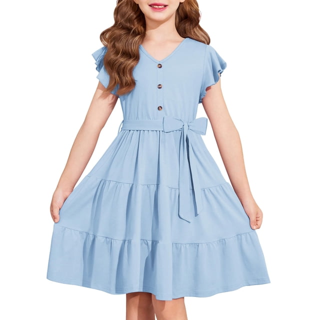 Vestido Arshiner para niñas, manga corta, verano, cuello en V, 10-11 años