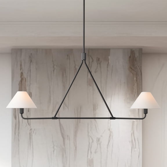 Mid-Century Matte Black Linen Chandelier, Natural 2-Light Pendant Light with Linen Shade, Organic Ceiling Lamp, Conical Ceiling Light over Kitchen Island, for Dining Room, Living Room