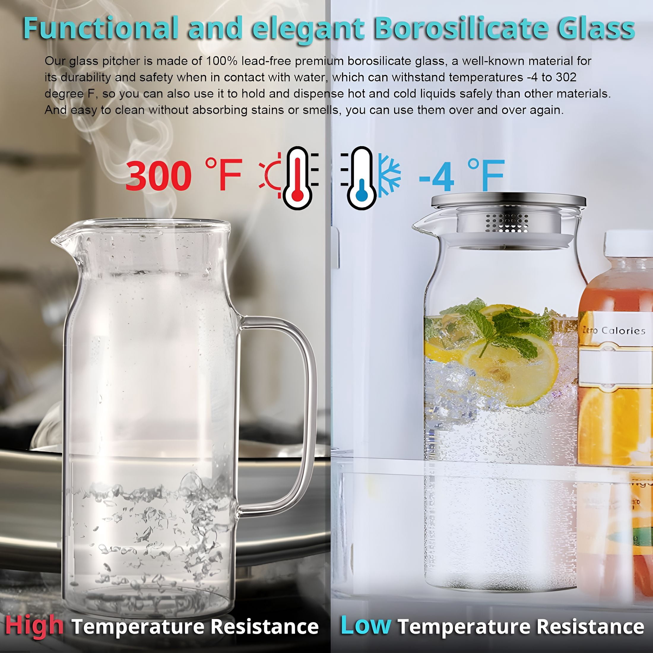ACDANC 2 Liter 68 Oz Glass Pitcher with Lid and Handle,Glass Carafe for Hot/Cold Water,Large Iced Tea Pitcher for Coffee,Juice and Homemade Beverage