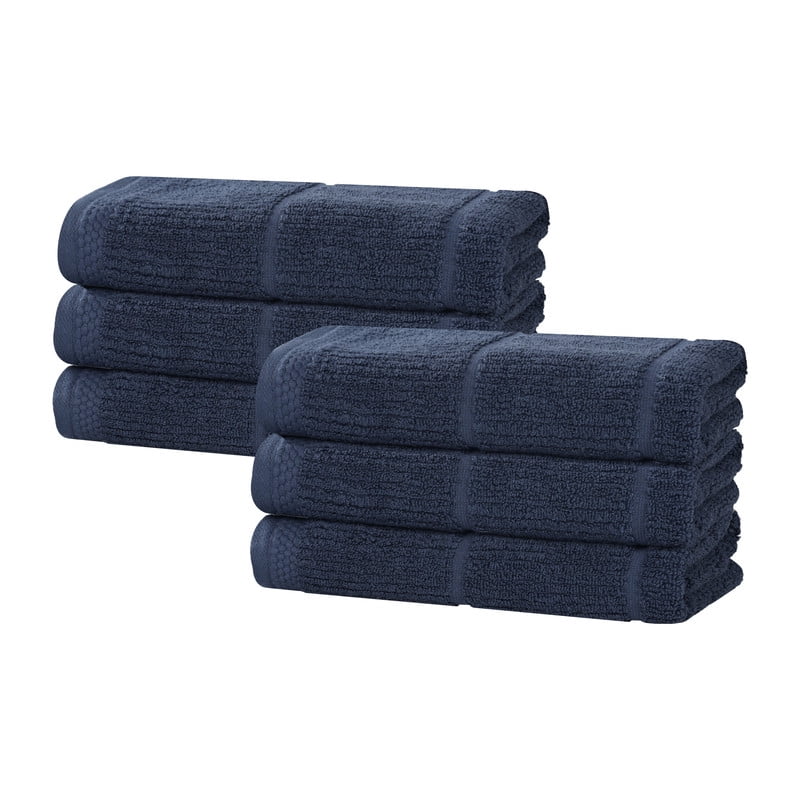 Superior Milo 6 Piece Smart Twist Cotton Hand Towels, Medium Weight Ribbed Design Towels, Navy Blue