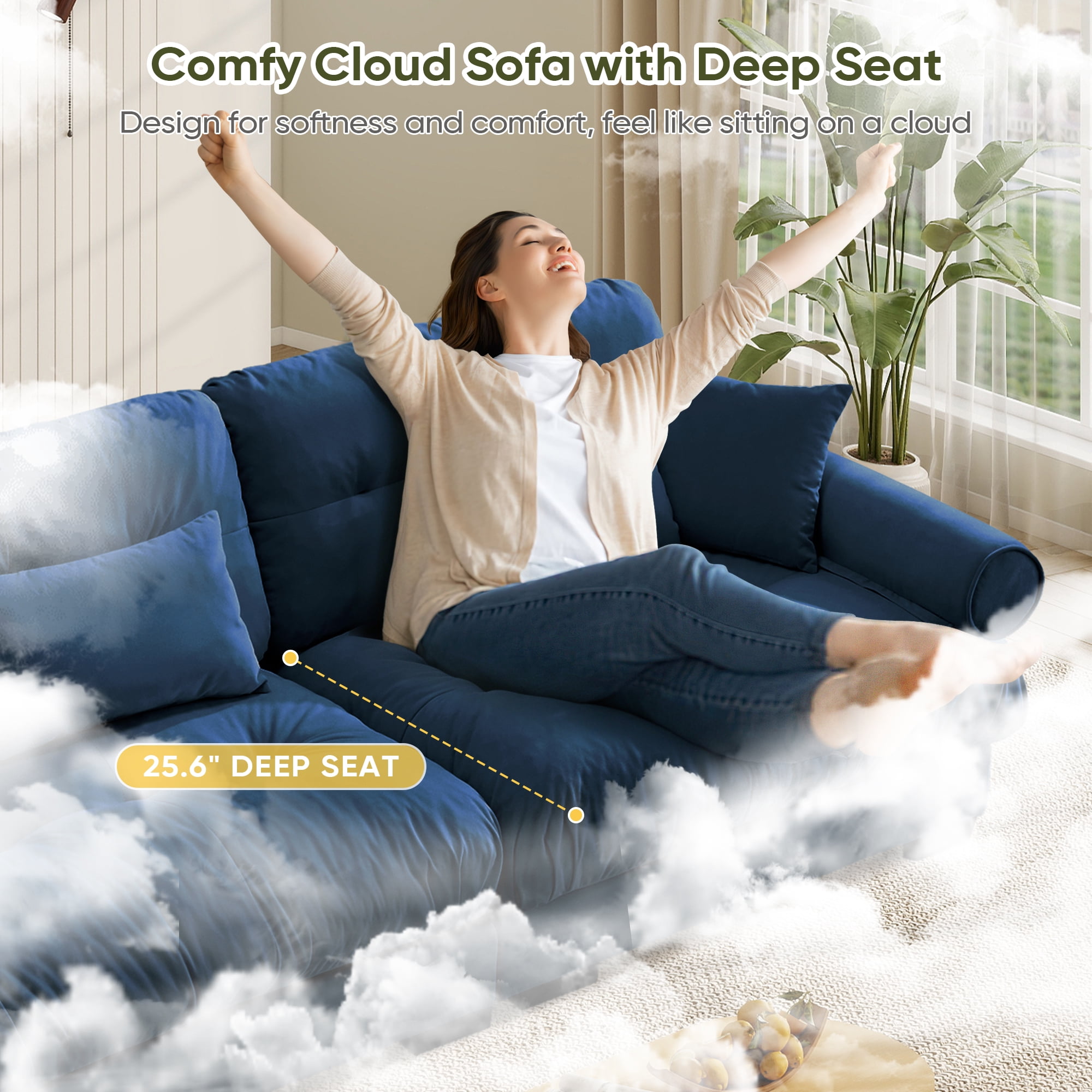 FFH 130" Modular Sectional Sofa, Oversized Modern 3 Seater Sofa Set, Tufted Cloud Couches for Living Room (Velvet Dark Blue, 3 Seater)