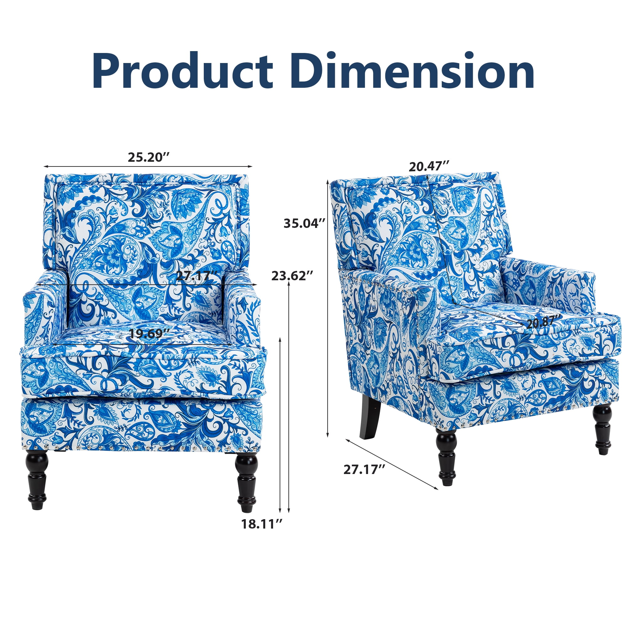 Leumius Modern Accent Chair with Wood Legs,Vintage Upholstered Armchair Single Sofa Chair Reading Accent Chair for Living Room Bedroom Office,Blue and White