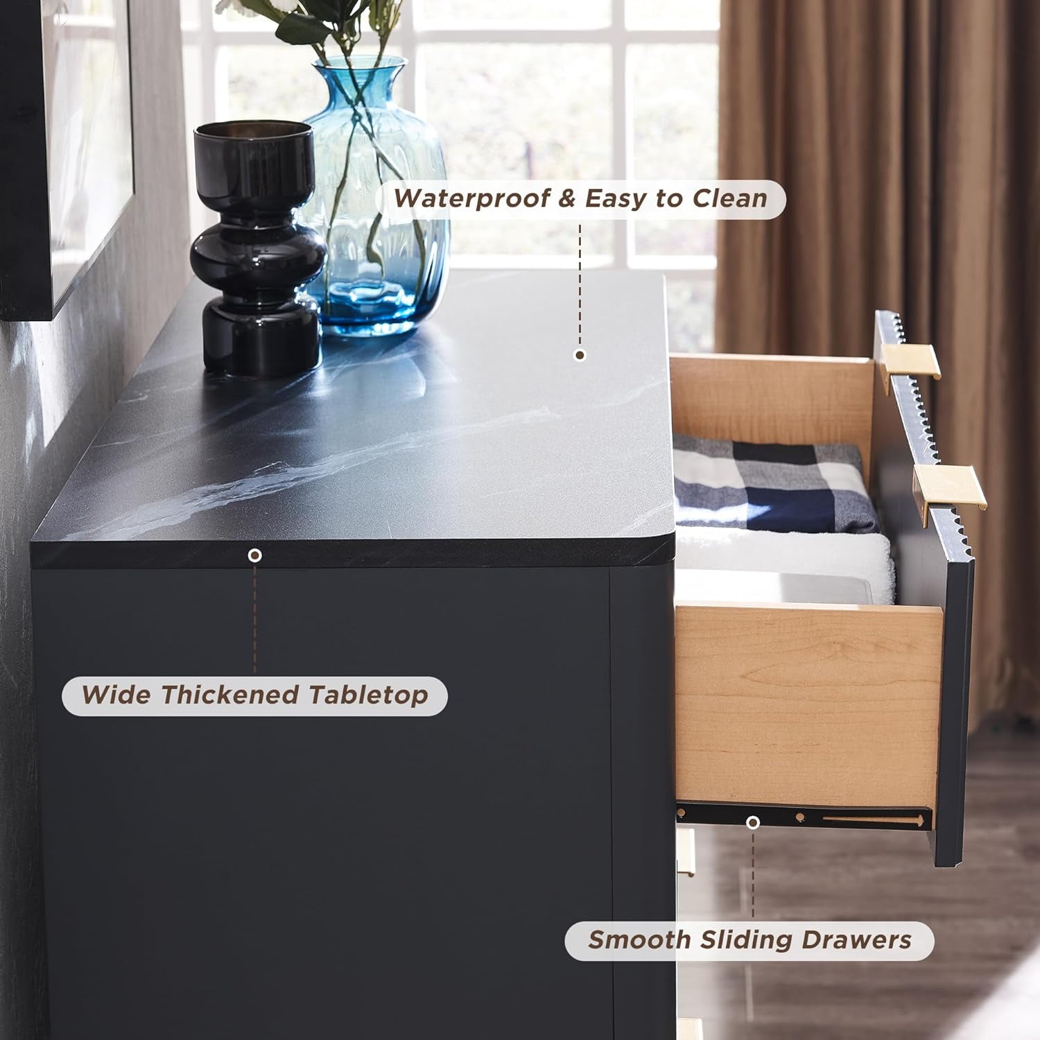 OKD Fluted 5 Drawers Dresser, Modern Wood Chest of Drawers with Faux Marble Top, Curved Profile Design for Bedroom, Living Room, Hallway, Entryway, Dark Grey