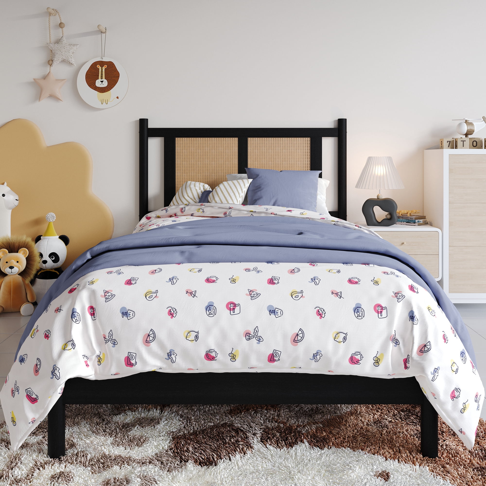 Castle Place Rattan Twin Wooden Platform Bed, Black