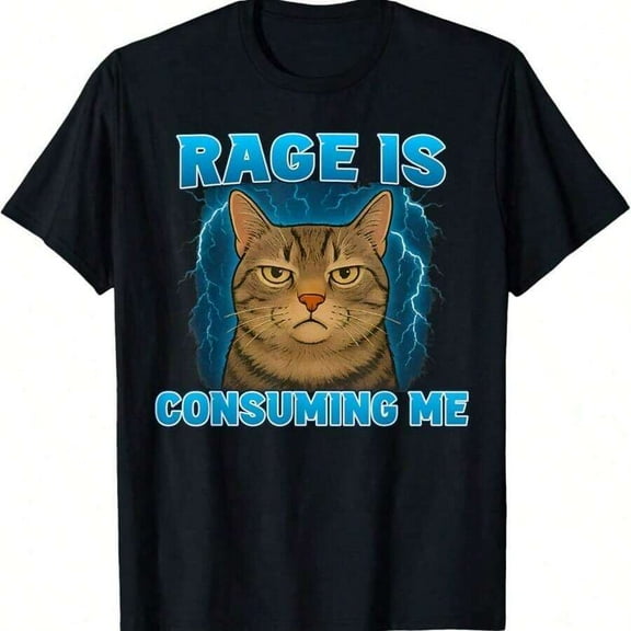 Rage Is Consuming Me Funny Lightning Angry Cat Meme T-Shirt,100% Cotton Short Sleeve Classic Heavy Cotton T Shirt Printed Graphic Tee Women's Casual Short-Sleeved Top