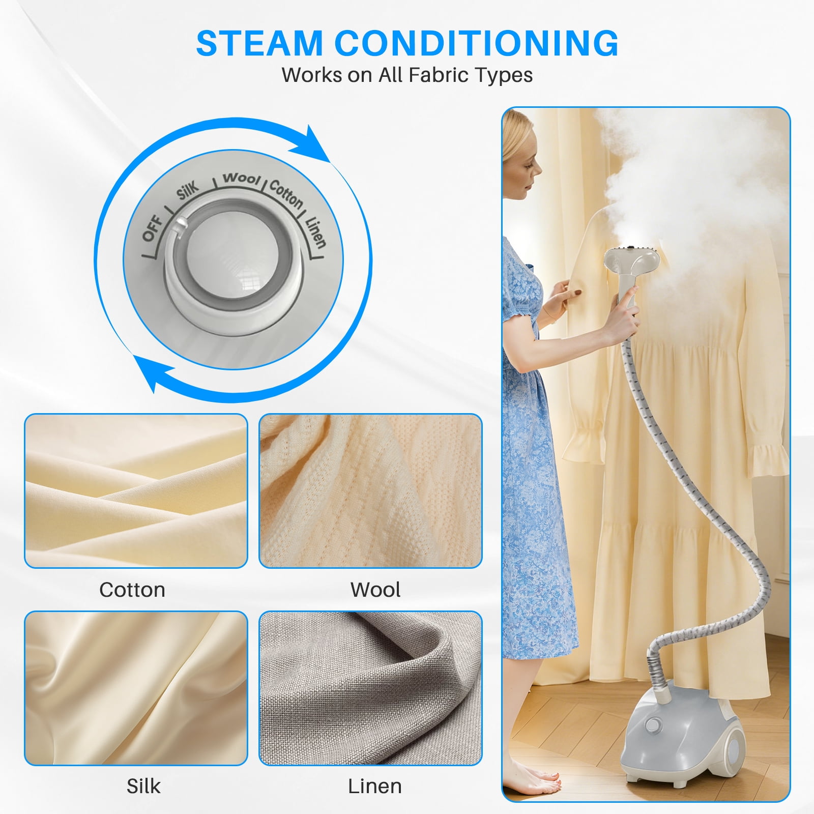 Beddle Steamer for Clothes with Stand,1500W Powerful Garment Steamer with Roll Wheels, 1.7 L Water Tank,Auto Shut-off, Beige