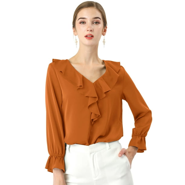 Blusa de gasa con cuello En V Allegra K con volantes para mujer - Main Image