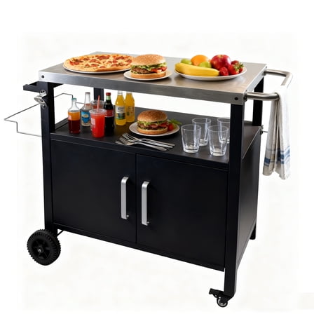 PRIJESSE Outdoor Grill Cart with Storage, Movable Stainless Steel Kitchen Island with Wheels & Brakes, Multifunctional Food Prep Table for BBQ, Pizza Oven