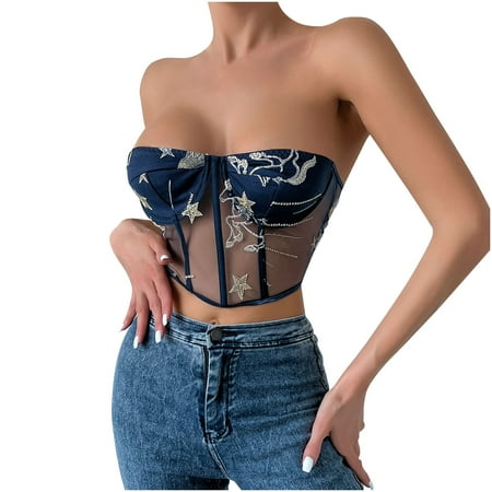 Wycnly Cute Tops for Women Solid V-Neck Short Sleeve T shirts Summer Going Out Sexy Strapless Mesh Patchwork Embroidery Corset Tops Blue m
