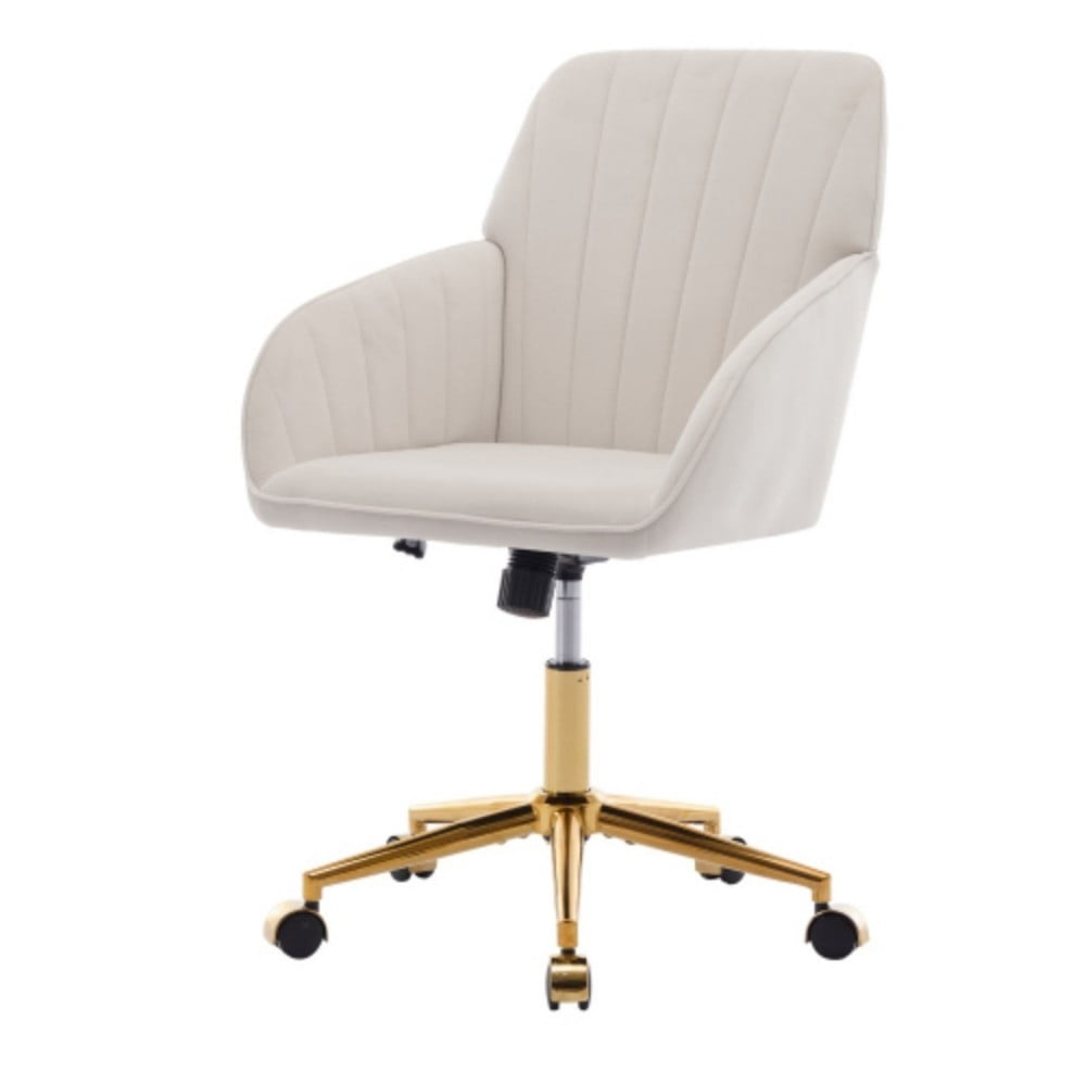 Ergonomic Office Chair, Upholstered Swivel Desk Chair with Memory Foam Cushion, Adjustable Backrest, Golden Metal Base for Home Office & Bedroom, Cream
