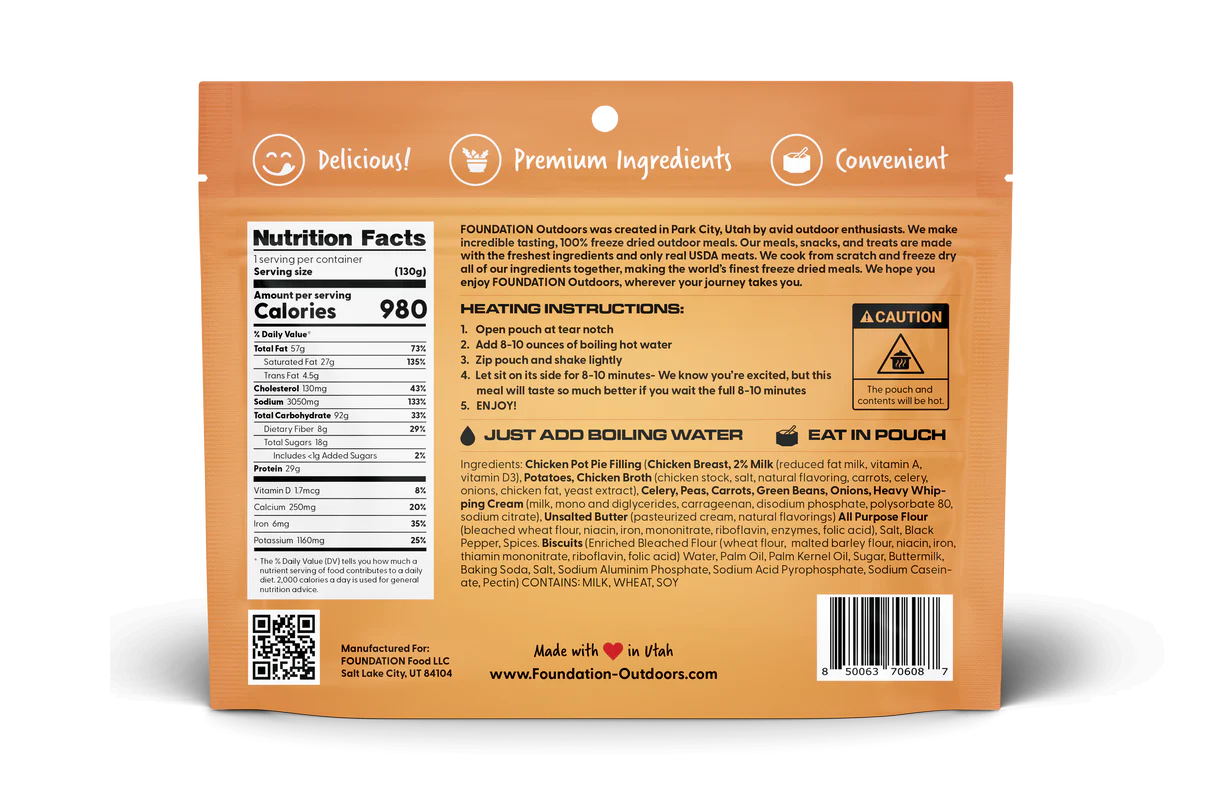 Foundation Outdoors Chicken Pot Pie, Freeze Dried Backpacking & Camping Food, Emergency Food, High Protein Meal