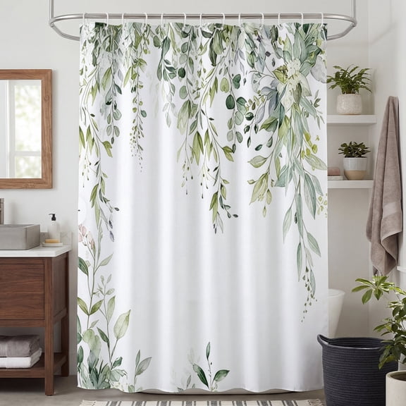 Annvchi Eucalyptus Plant Rustic Shower Curtain, Watercolor Leaves On The Top Country Farm House Shower Curtain, Spring Botanical Bathroom Curtain 72 ×72 Inch