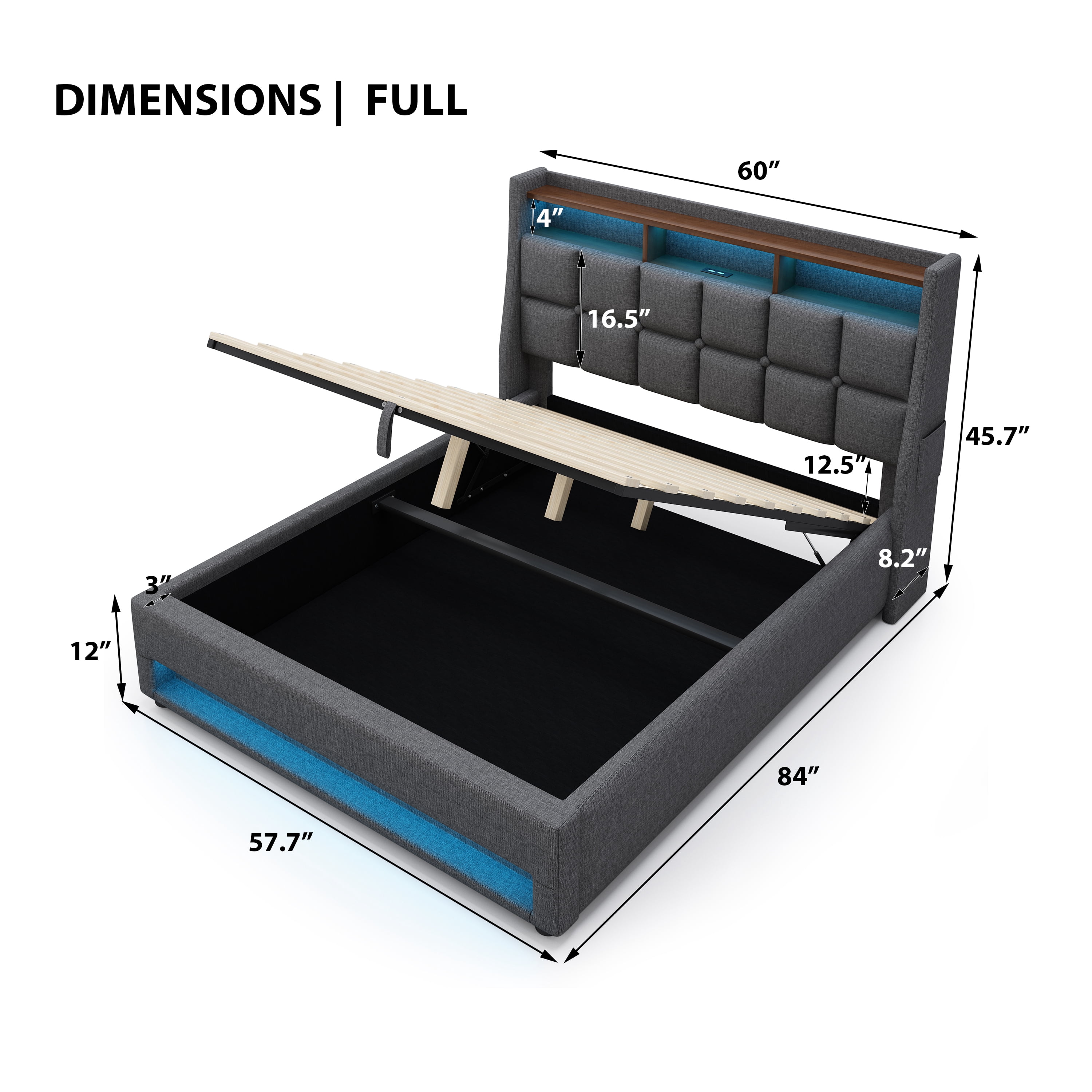 Full size Platform bed with Hydraulic Storage, LED and Charging Station, No Box Spring Needed