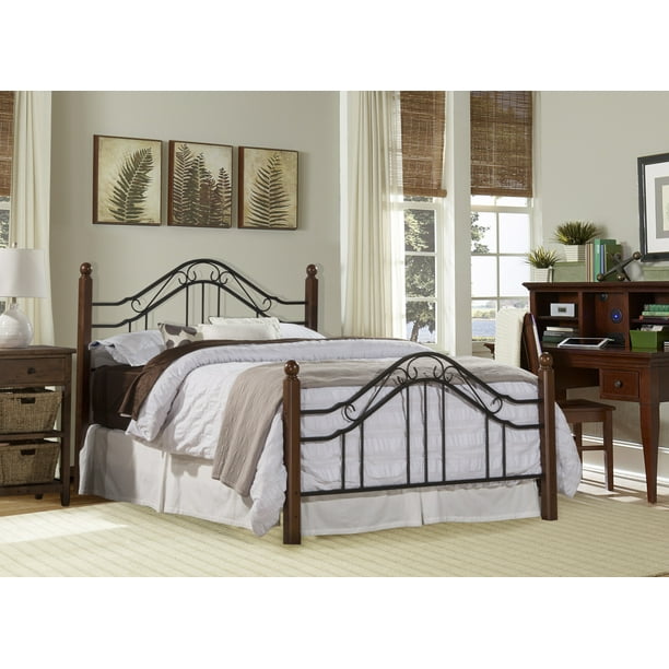 Metal Queen Bed With Cherry Wood Posts, Iron And Wood Queen Bed
