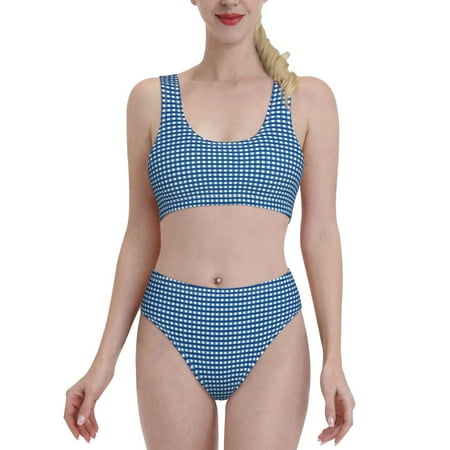 Bixox Blue Gingham Pattern Two-Piece Sports Bikini with U-Shaped Top and High-Waist Bottom - Women s Swimwear with Removable Bra Pads