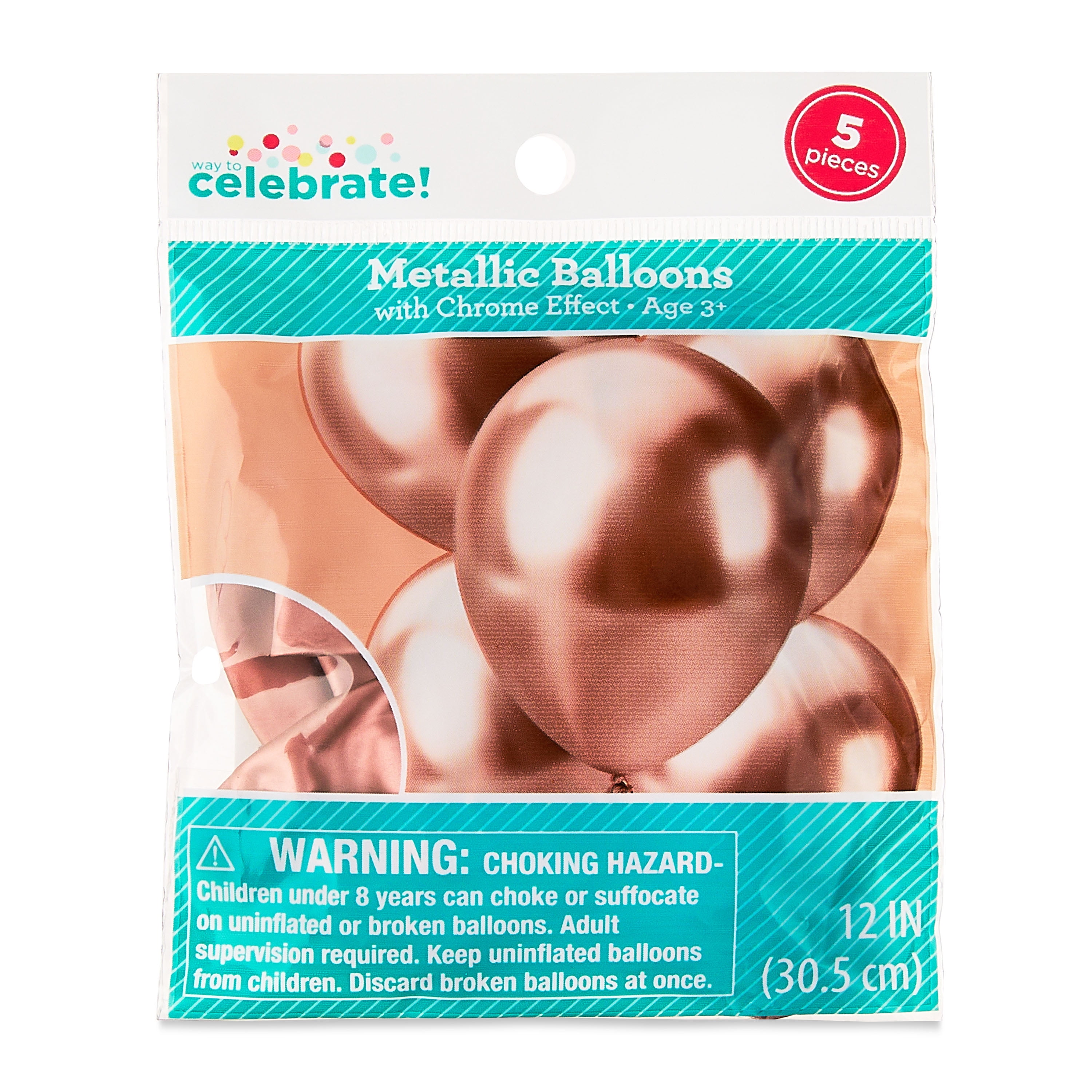 12" Rose Gold Metallic Latex Balloons with Chrome Effect, 5 Pieces, by Way To Celebrate