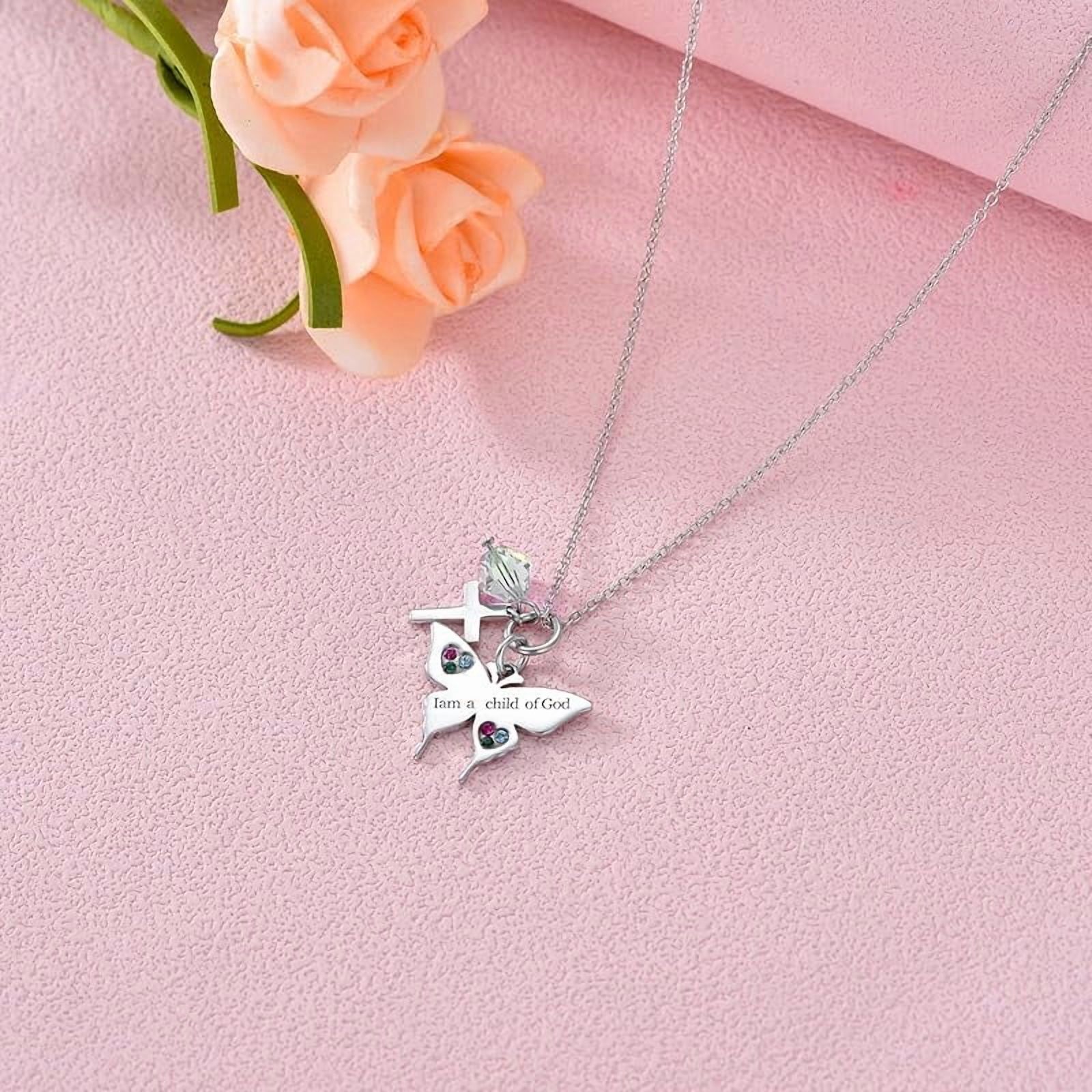 SISGEM 925 Sterling Silver Cross Butterfly Necklace Baptism Communion Birthday Conformation Gifts for Daughter Granddaughter Niece with 12 Birthstones