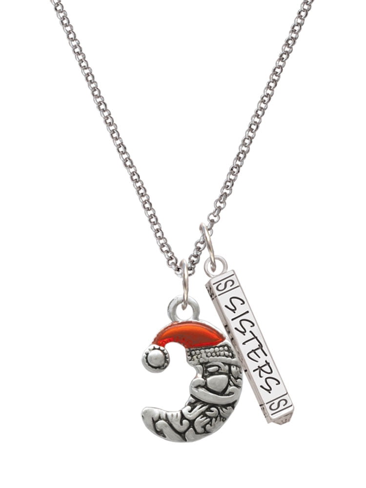 Delight Jewelry Silvertone Small Crescent Moon Santa Silvertone Sisters Best Friends Forever Bar Charm Necklace, 23"